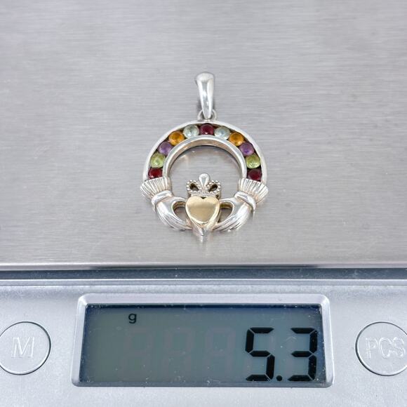 Vintage Irish Claddagh Pendant | Sterling Silver 925 14K Multi Colored Gemstones - Picture 9 of 13